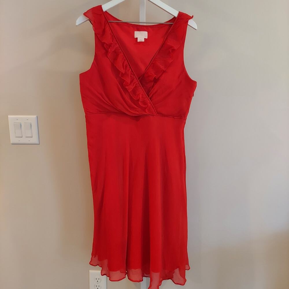 J. Crew Silk Dress Size 14 Red V-Neck Ruffle Holiday Party Cocktail